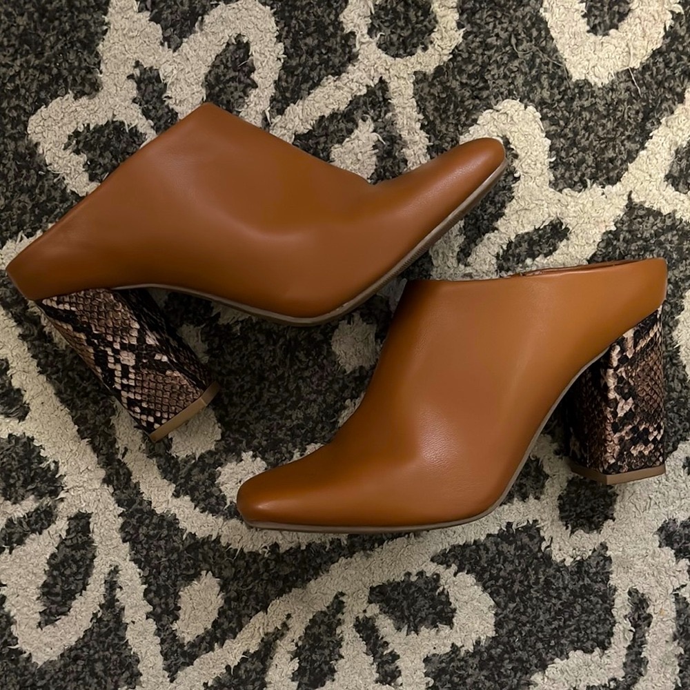 Faux Leather Mules with Snake Print Heel